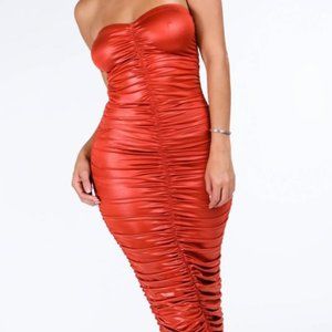 Foiled ruched tube midi dress